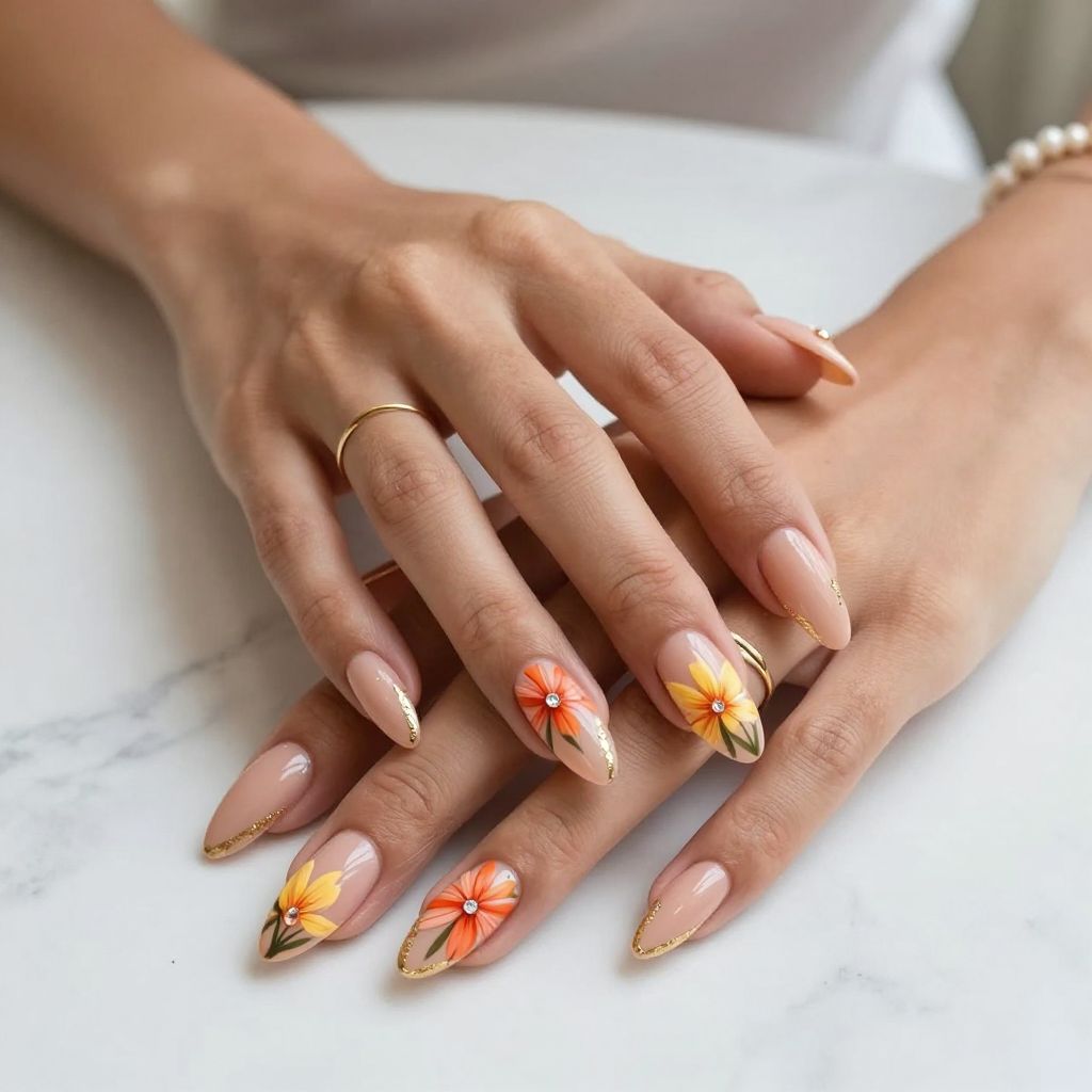 Gold Leaf Tropical Flower Nails
