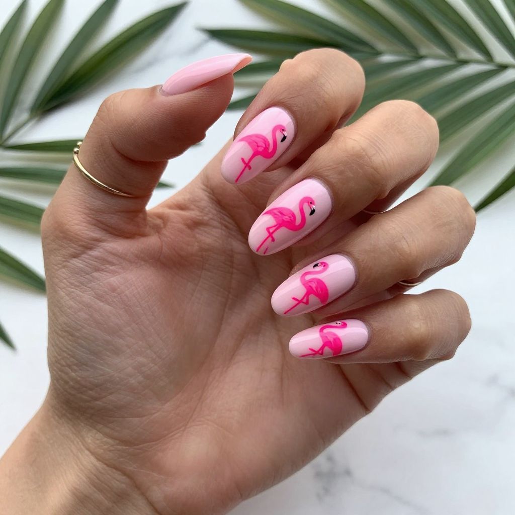 Neon Tropical Flamingo Nails