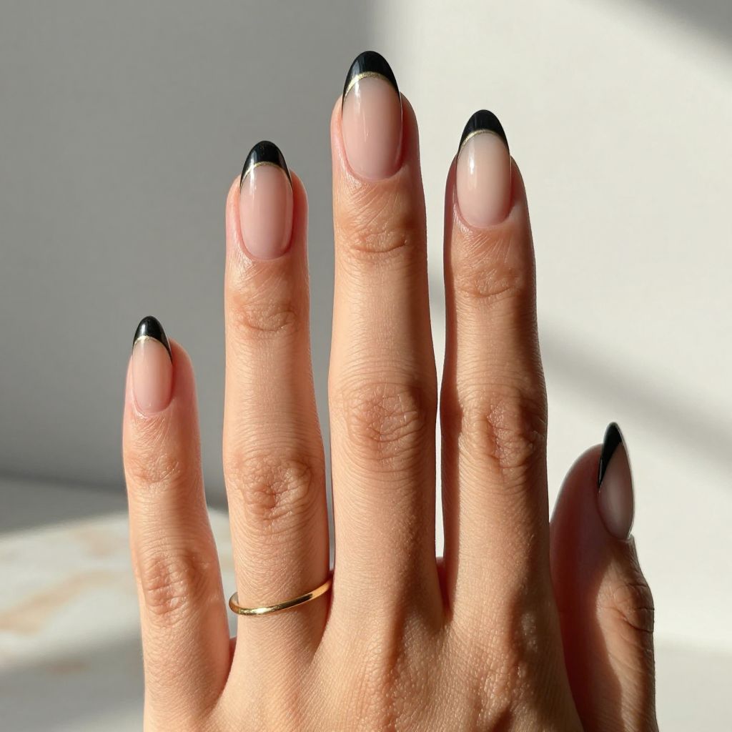 Gradient Nude to Black Almond Nails