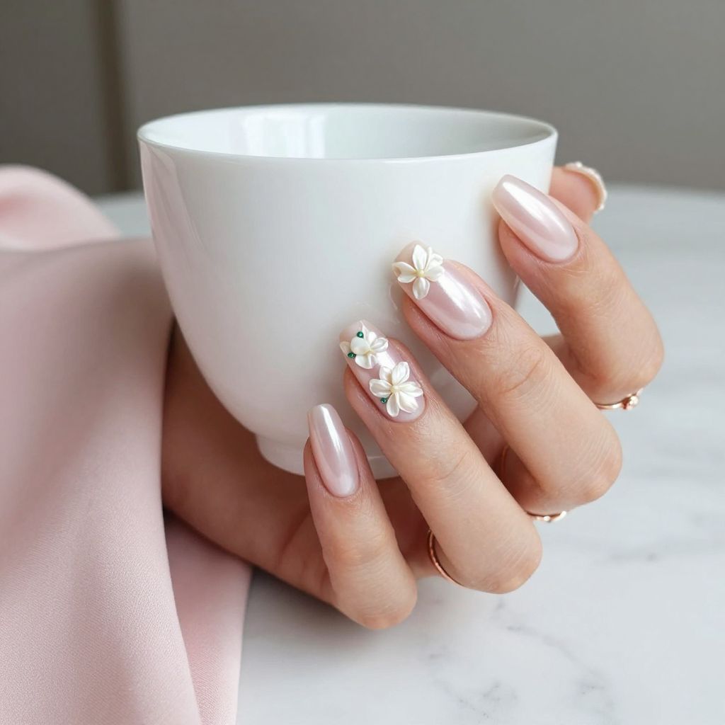 3D Floral Pearl Nails