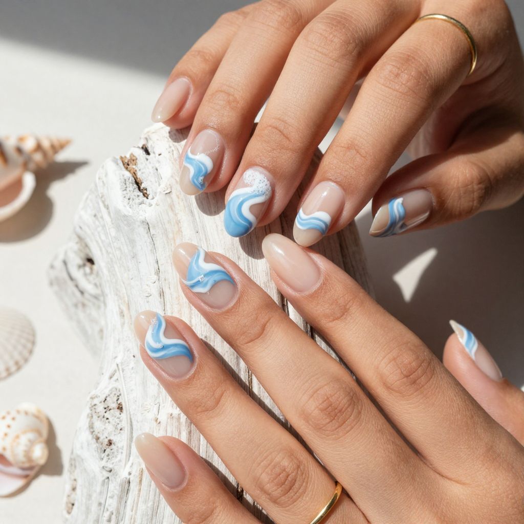 Sandy Nude with Hand Painted Ocean Waves