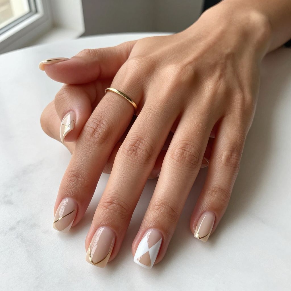 White and Nude Geometric Nail Art