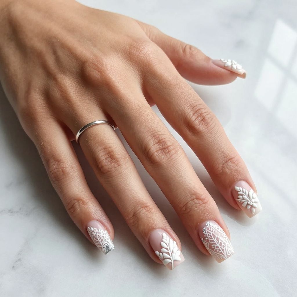White 3D Texture and Stamped Nails