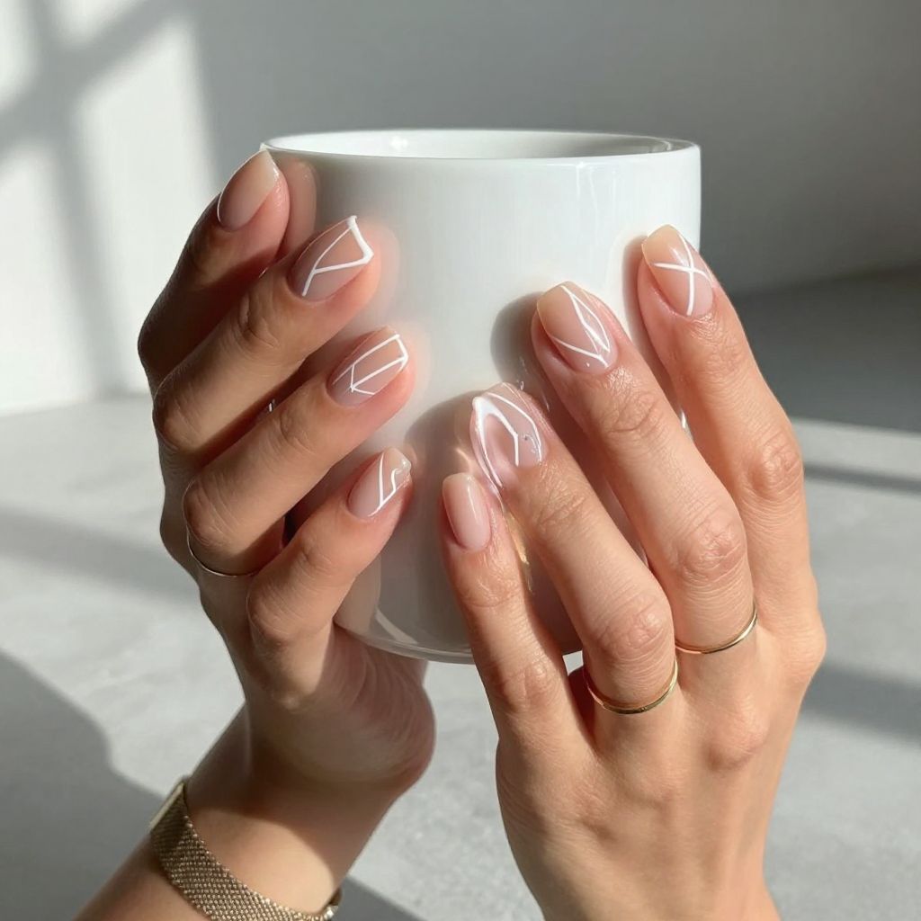 Minimalist White Line Art Nails