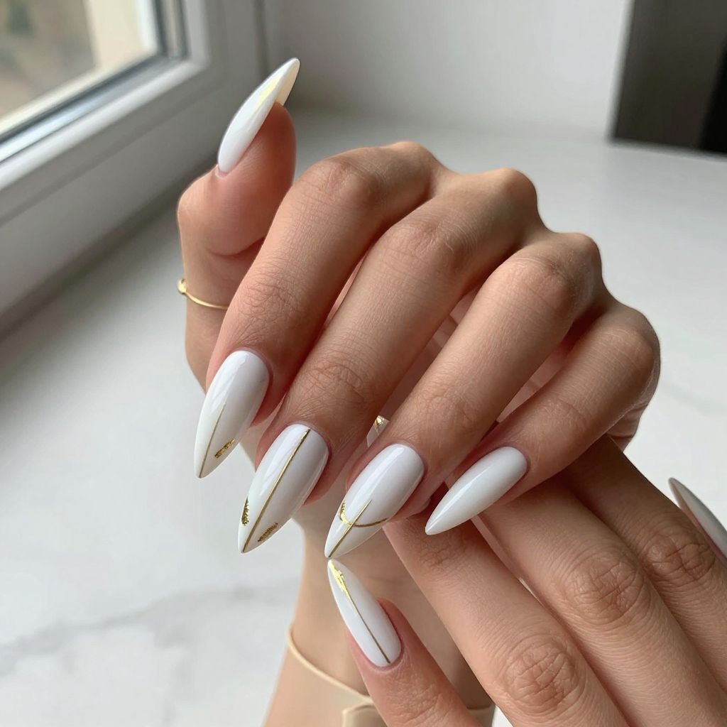 White Stiletto Nails with Gold Accents