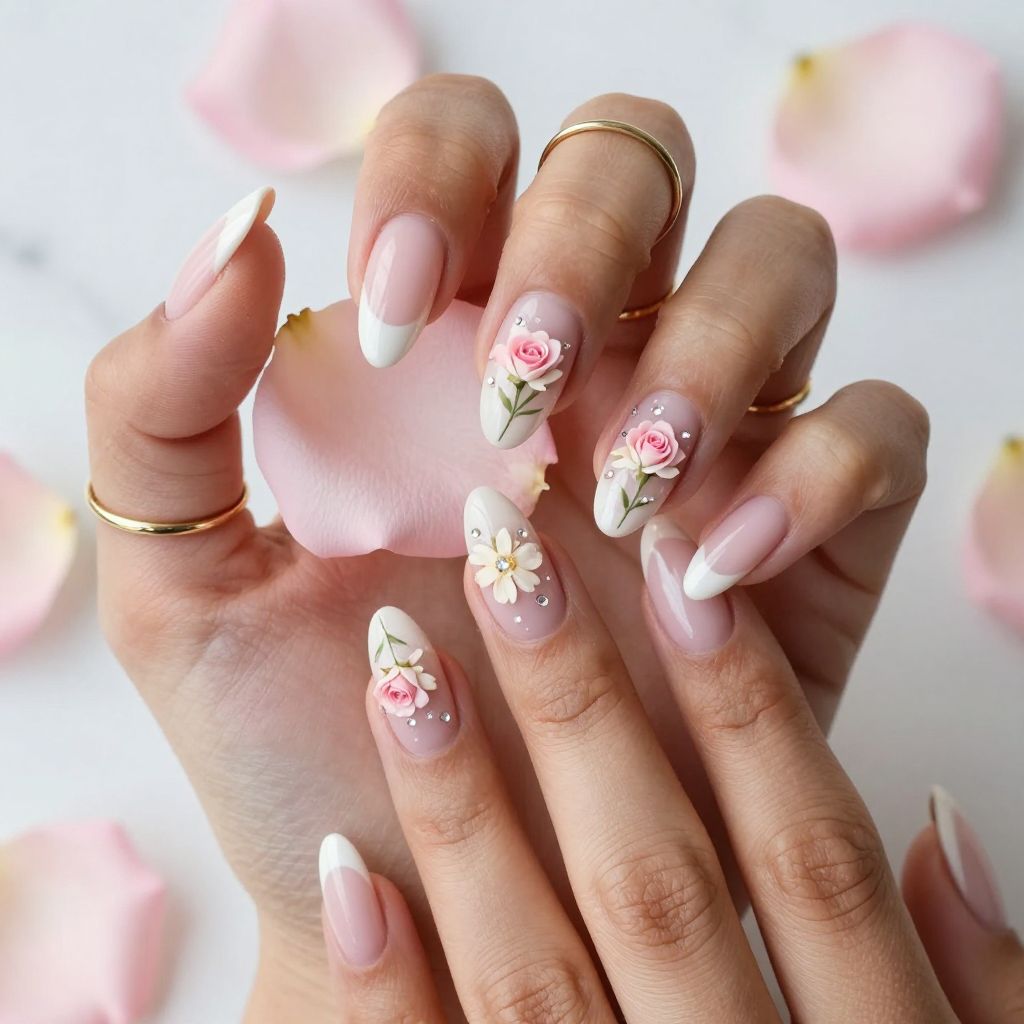 Floral White Tip Nails